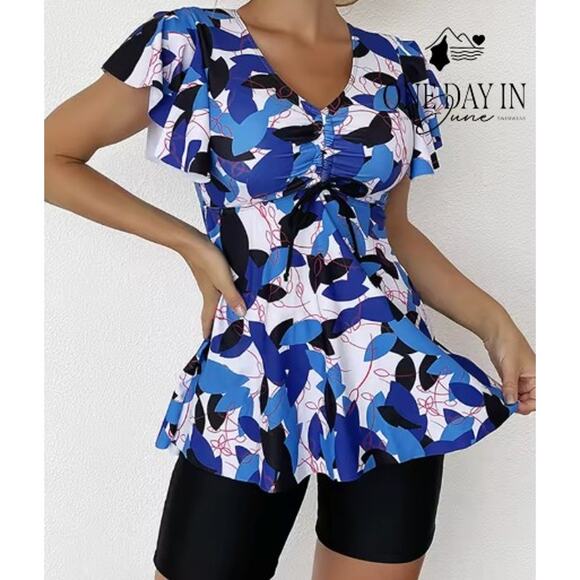 Adisputent Boyshort Drawstring Ruffle Sleeve Tankini Swimsuit Size L - Picture 1 of 4